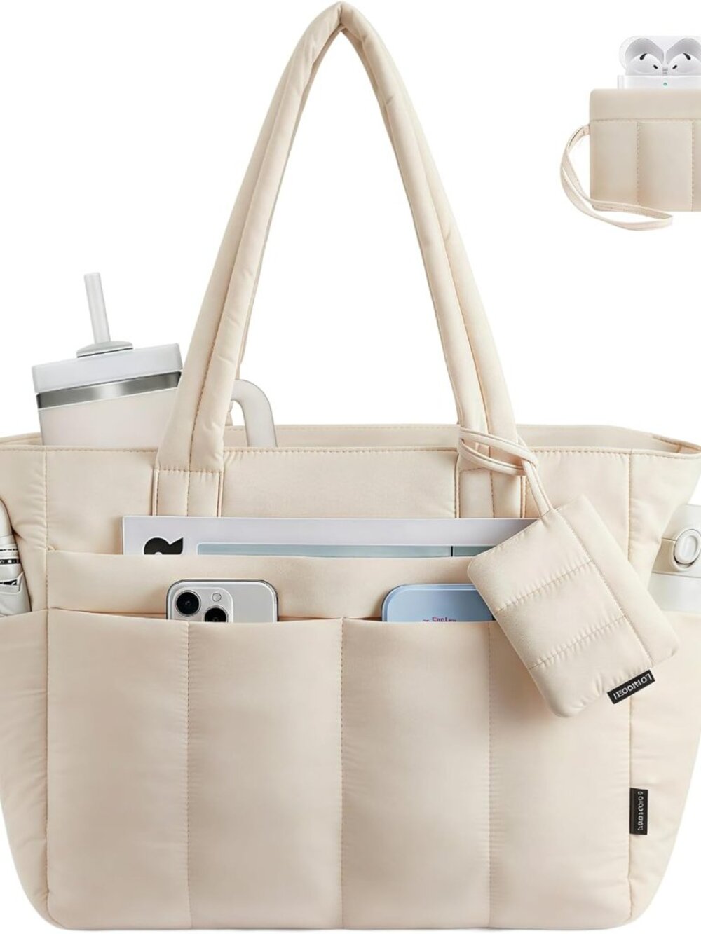 Puffer Tote Bag for Women Quilted Work Tote Handbags with Zipper 15.6 inch Teach
